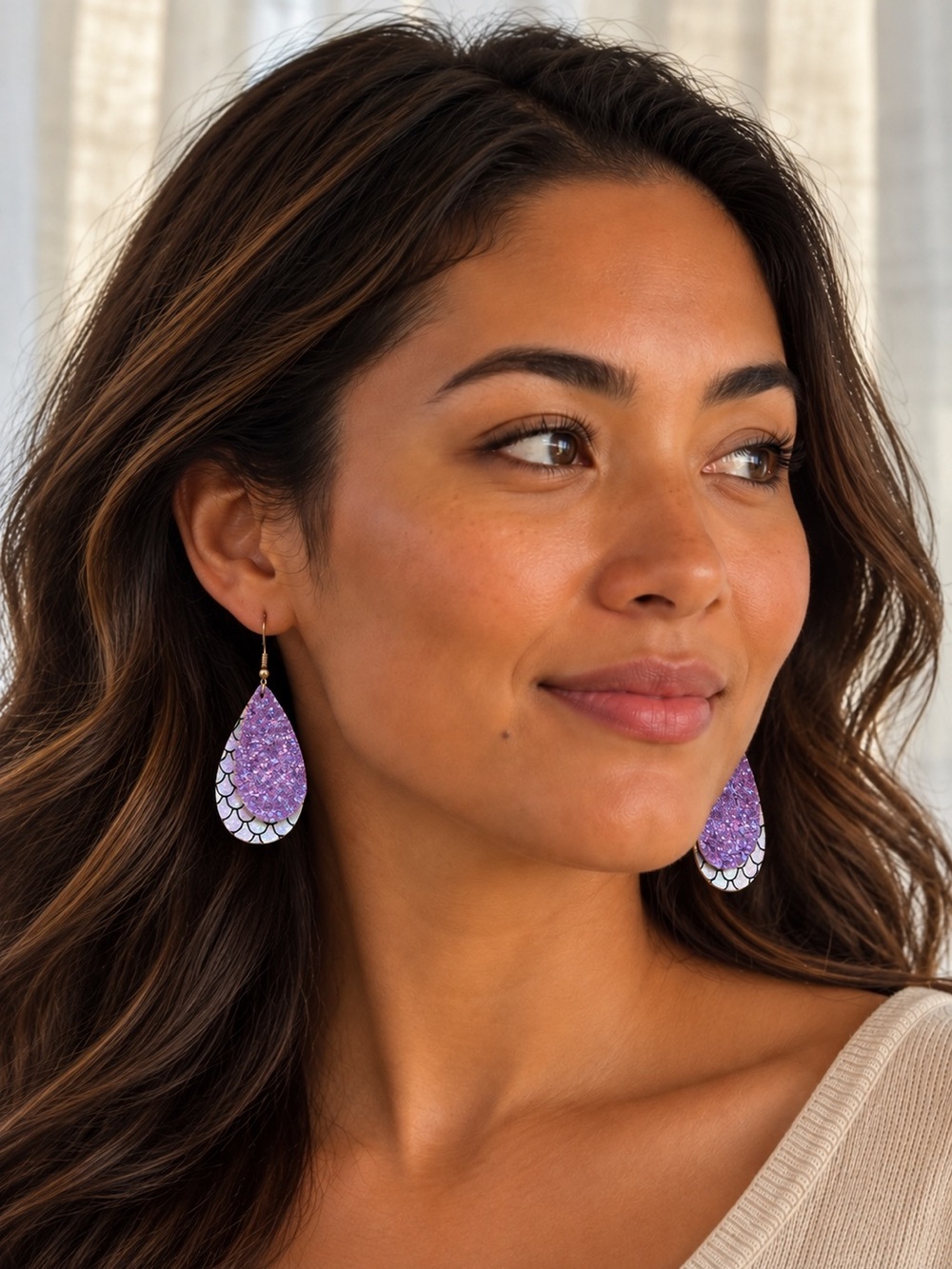 Purple Sequin Teardrop Earrings Iridescent Scalloped Statement Boho Handmade